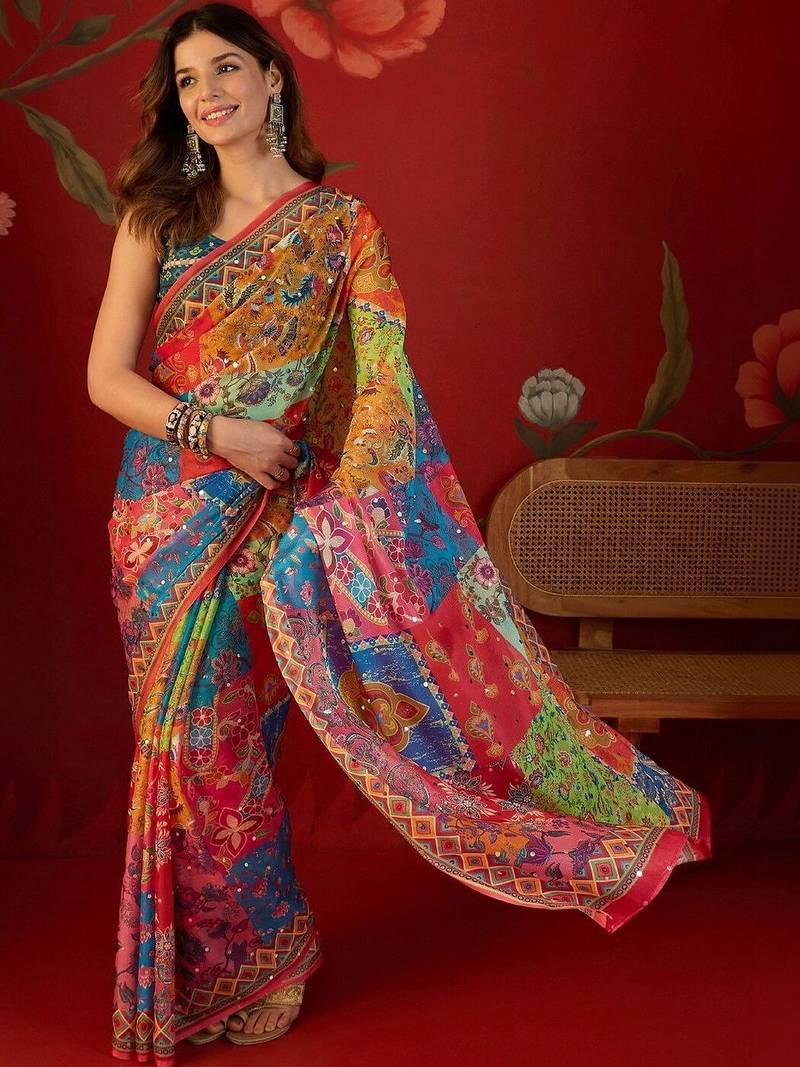 Multicolor ethnic motifs mirror work  georgette saree
