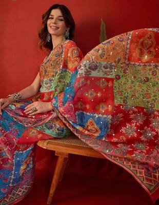 Multicolor ethnic motifs mirror work  georgette saree 2