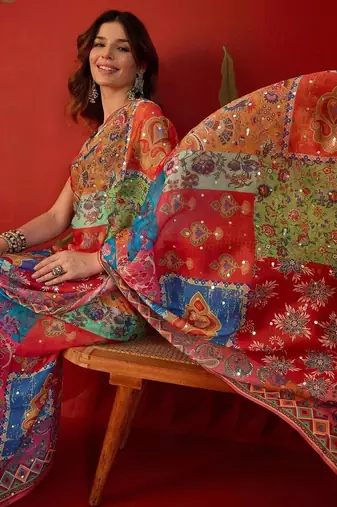 Multicolor ethnic motifs mirror work  georgette saree