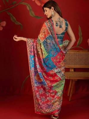Multicolor ethnic motifs mirror work  georgette saree 3
