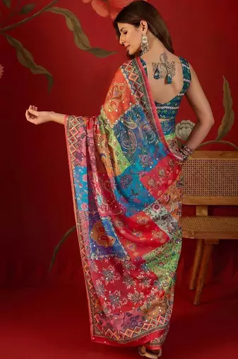 Multicolor ethnic motifs mirror work  georgette saree
