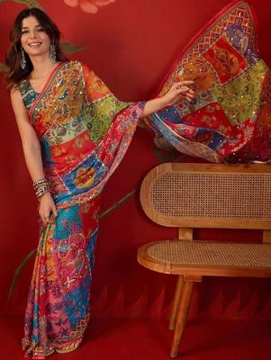 Multicolor ethnic motifs mirror work  georgette saree 4