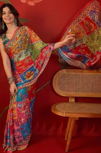 Multicolor ethnic motifs mirror work  georgette saree