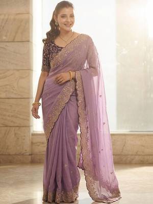 Lavender geometric embroidered saree with blouse piece 1