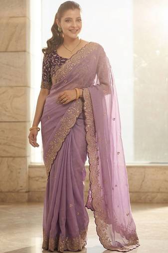 Lavender geometric embroidered saree with blouse piece