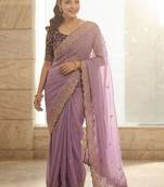 Lavender geometric embroidered saree with blouse piece