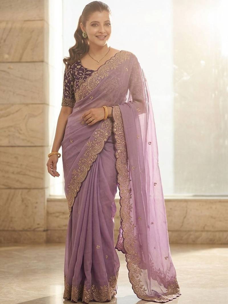 Lavender geometric embroidered saree with blouse piece