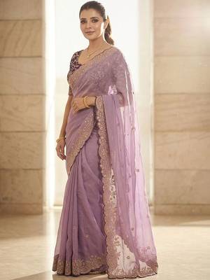 Lavender geometric embroidered saree with blouse piece 2