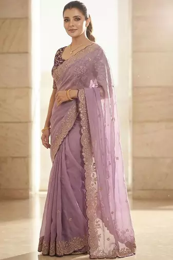 Lavender geometric embroidered saree with blouse piece
