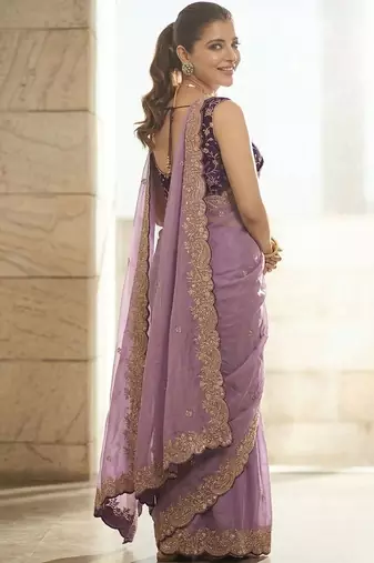 Lavender geometric embroidered saree with blouse piece