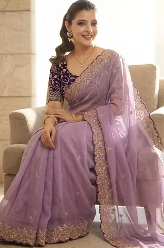 Lavender geometric embroidered saree with blouse piece
