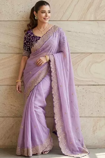 Lavender geometric embroidered saree with blouse piece