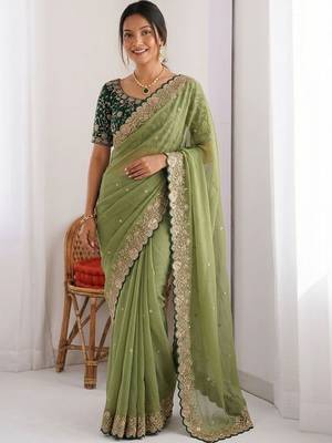 Olive embellished embroidered  georgette heavy work saree 1