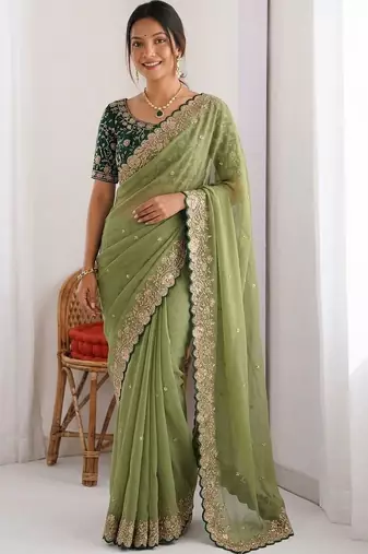 Olive embellished embroidered  georgette heavy work saree