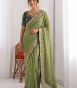 Olive embellished embroidered  georgette heavy work saree