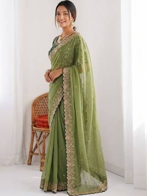 Olive embellished embroidered  georgette heavy work saree 2