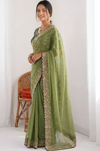 Olive embellished embroidered  georgette heavy work saree