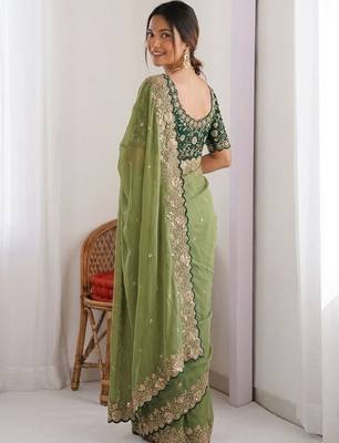 Olive embellished embroidered  georgette heavy work saree 3