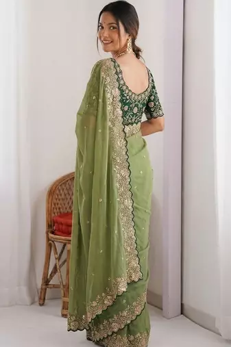 Olive embellished embroidered  georgette heavy work saree