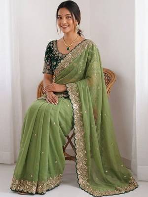 Olive embellished embroidered  georgette heavy work saree 4