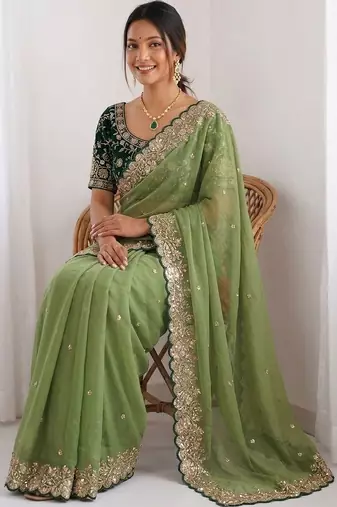 Olive embellished embroidered  georgette heavy work saree