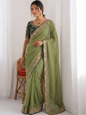 Olive embellished embroidered  georgette heavy work saree 5