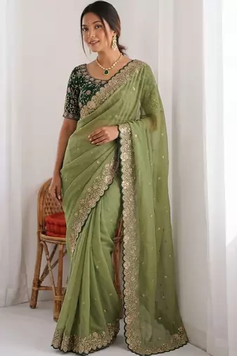 Olive embellished embroidered  georgette heavy work saree