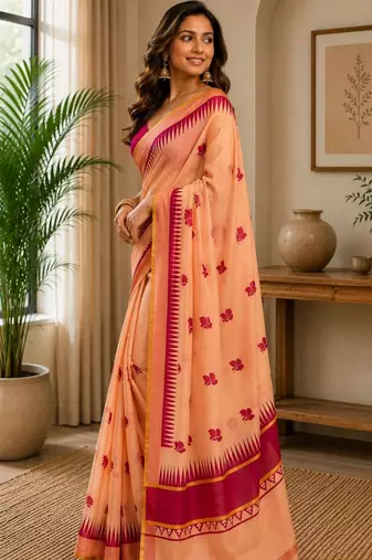 Peach printed chanderi cotton ready to wear saree