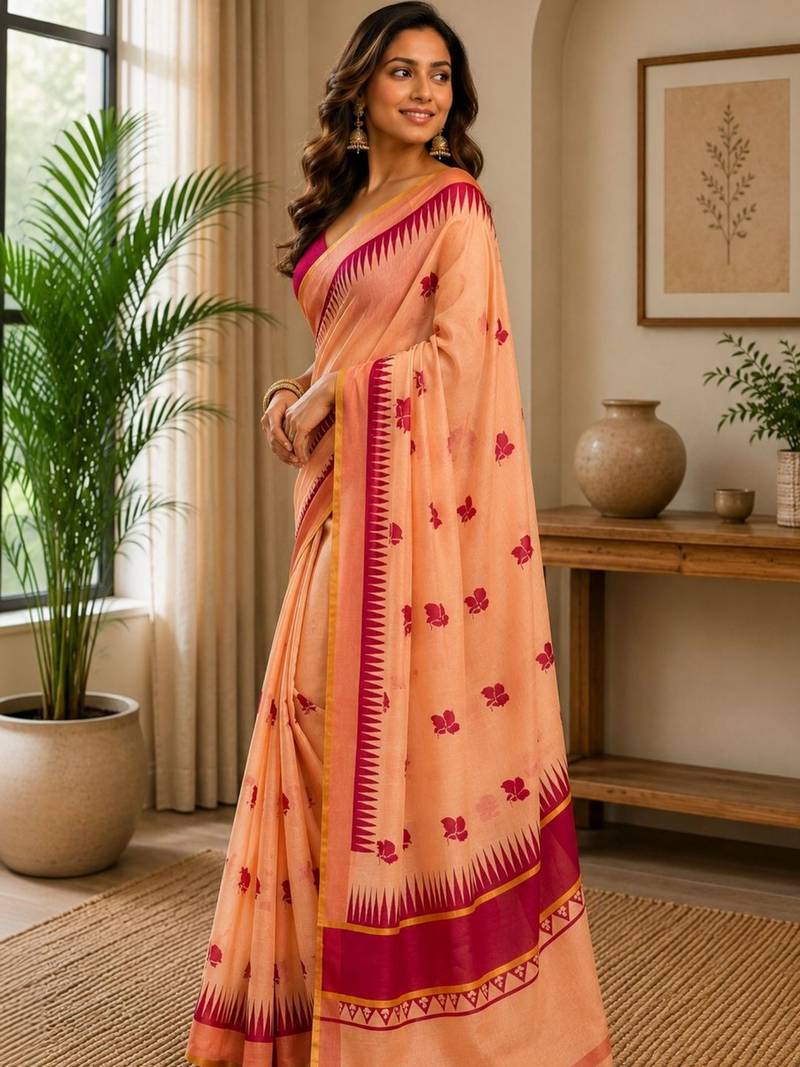 Peach printed chanderi cotton ready to wear saree