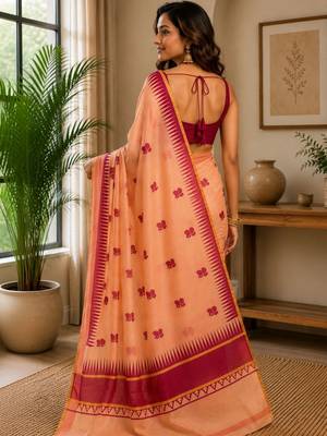 Peach printed chanderi cotton ready to wear saree 2