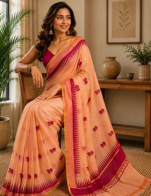 Peach printed chanderi cotton ready to wear saree 3