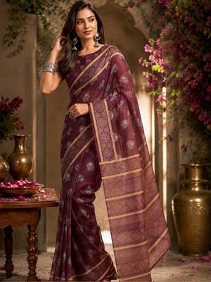 Maroon brown printed chanderi cotton ready to wear saree 1