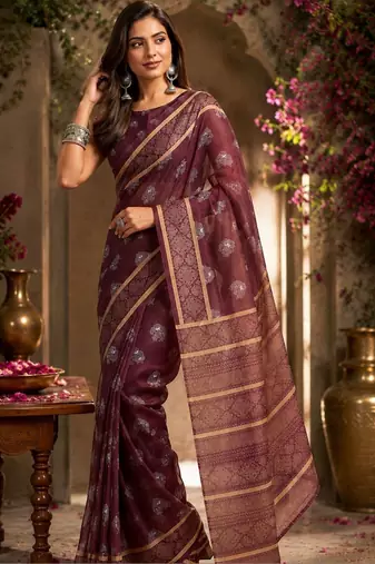 Maroon brown printed chanderi cotton ready to wear saree
