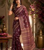 Maroon brown printed chanderi cotton ready to wear saree
