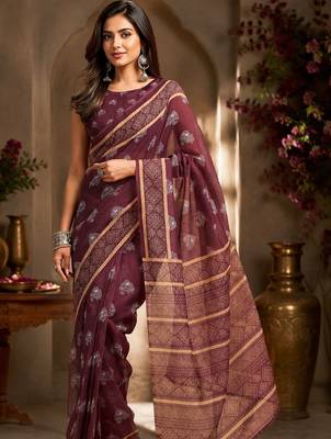 Maroon brown printed chanderi cotton ready to wear saree 2