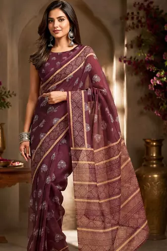 Maroon brown printed chanderi cotton ready to wear saree