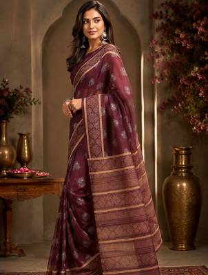 Maroon brown printed chanderi cotton ready to wear saree 3