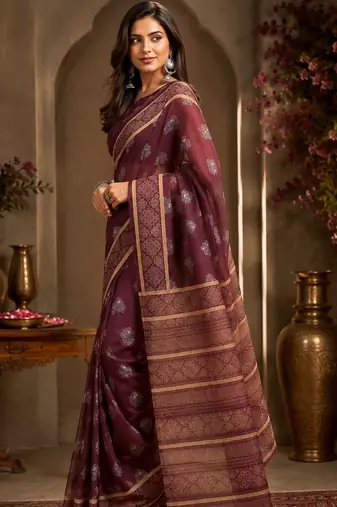 Maroon brown printed chanderi cotton ready to wear saree