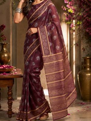 Maroon brown printed chanderi cotton ready to wear saree 4