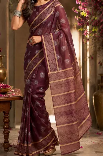 Maroon brown printed chanderi cotton ready to wear saree