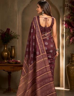 Maroon brown printed chanderi cotton ready to wear saree 5