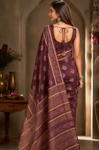 Maroon brown printed chanderi cotton ready to wear saree