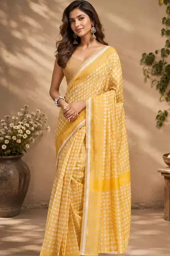 Yellow yellow printed chanderi cotton ready to wear saree