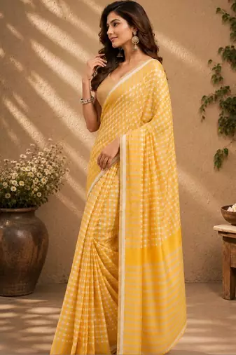 Yellow yellow printed chanderi cotton ready to wear saree