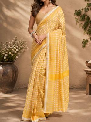 Yellow yellow printed chanderi cotton ready to wear saree 4