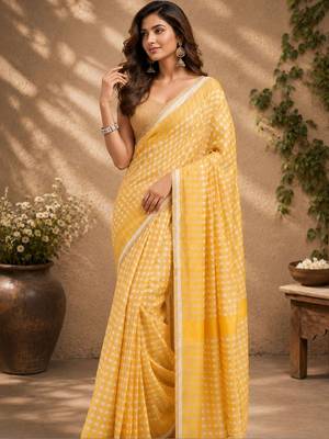 Yellow yellow printed chanderi cotton ready to wear saree 5