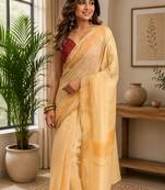 Cream yellow printed chanderi cotton ready to wear saree