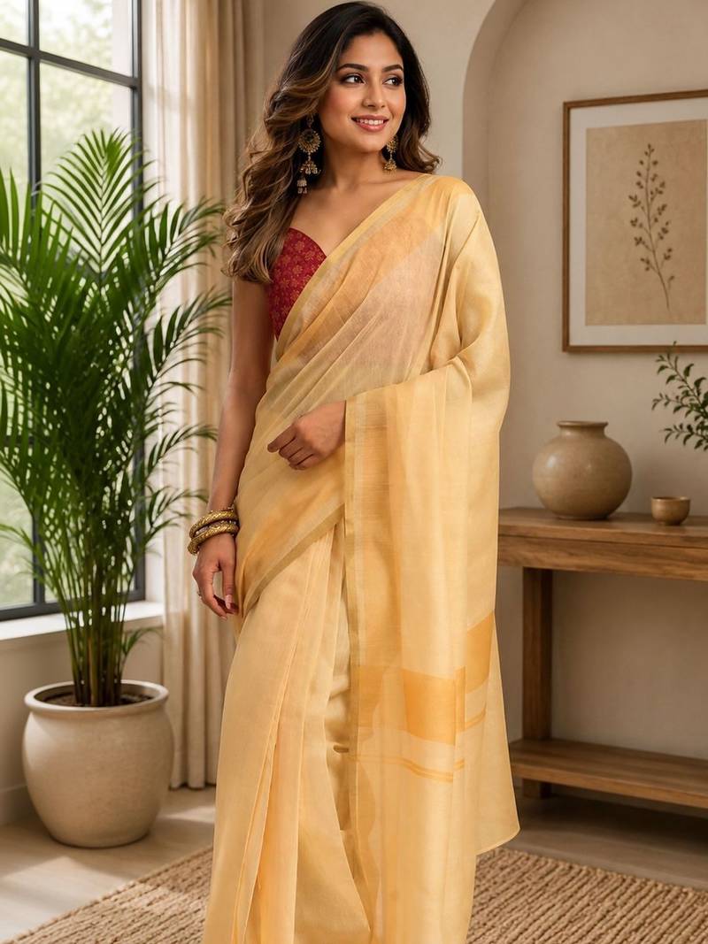 Cream yellow printed chanderi cotton ready to wear saree