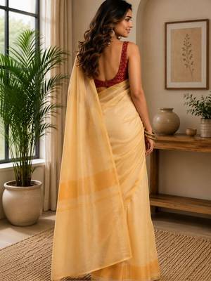 Cream yellow printed chanderi cotton ready to wear saree 2
