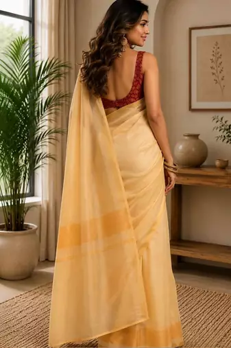 Cream yellow printed chanderi cotton ready to wear saree